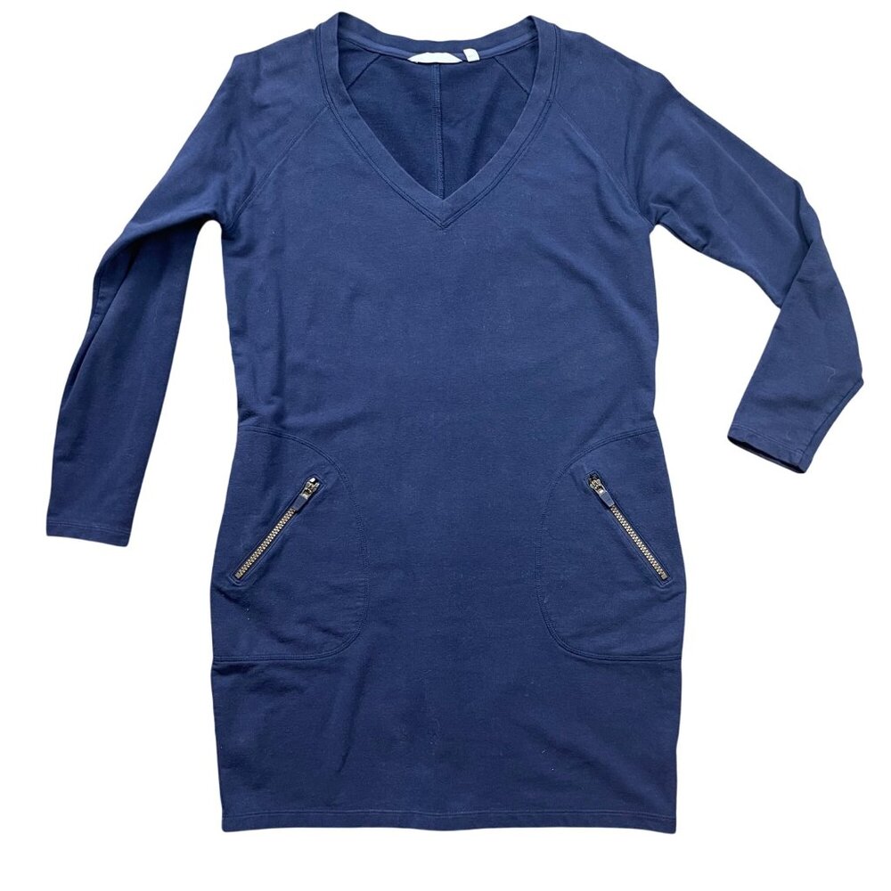 Athleta Enchanted Dress Women's Size PETITE Medium Blue Cotton Modal Knit V-Neck